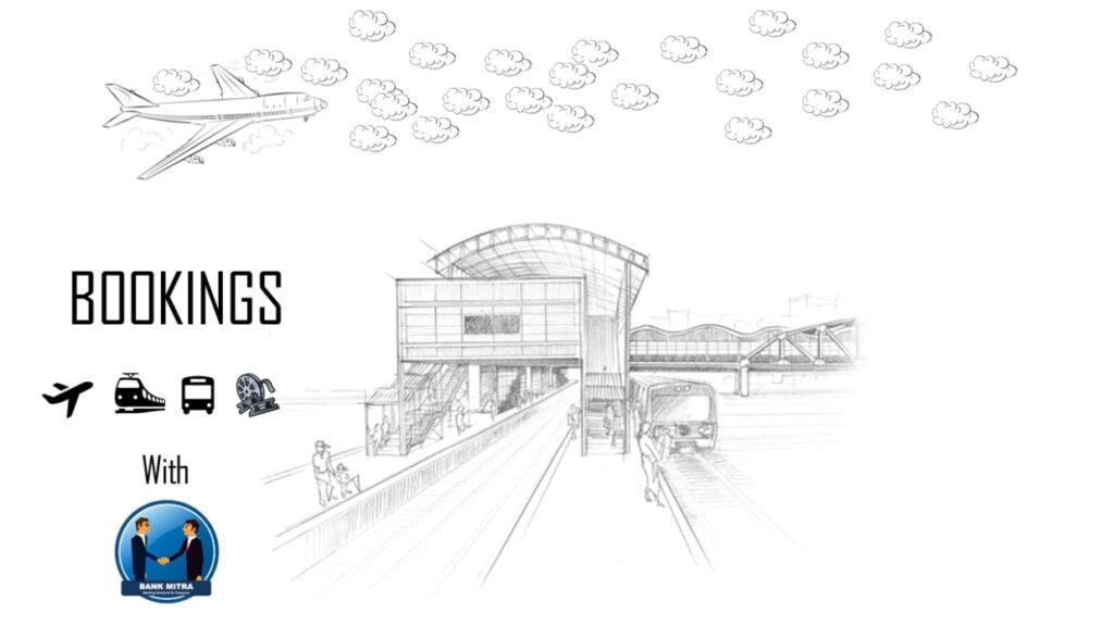 Line sketch of bus, rail and air bookings at a Bank Mitra outlet