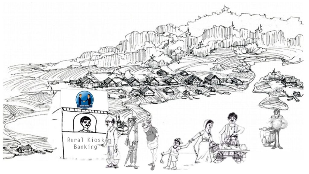 Line sketch of a village with a Bank Mitra kiosk banking point